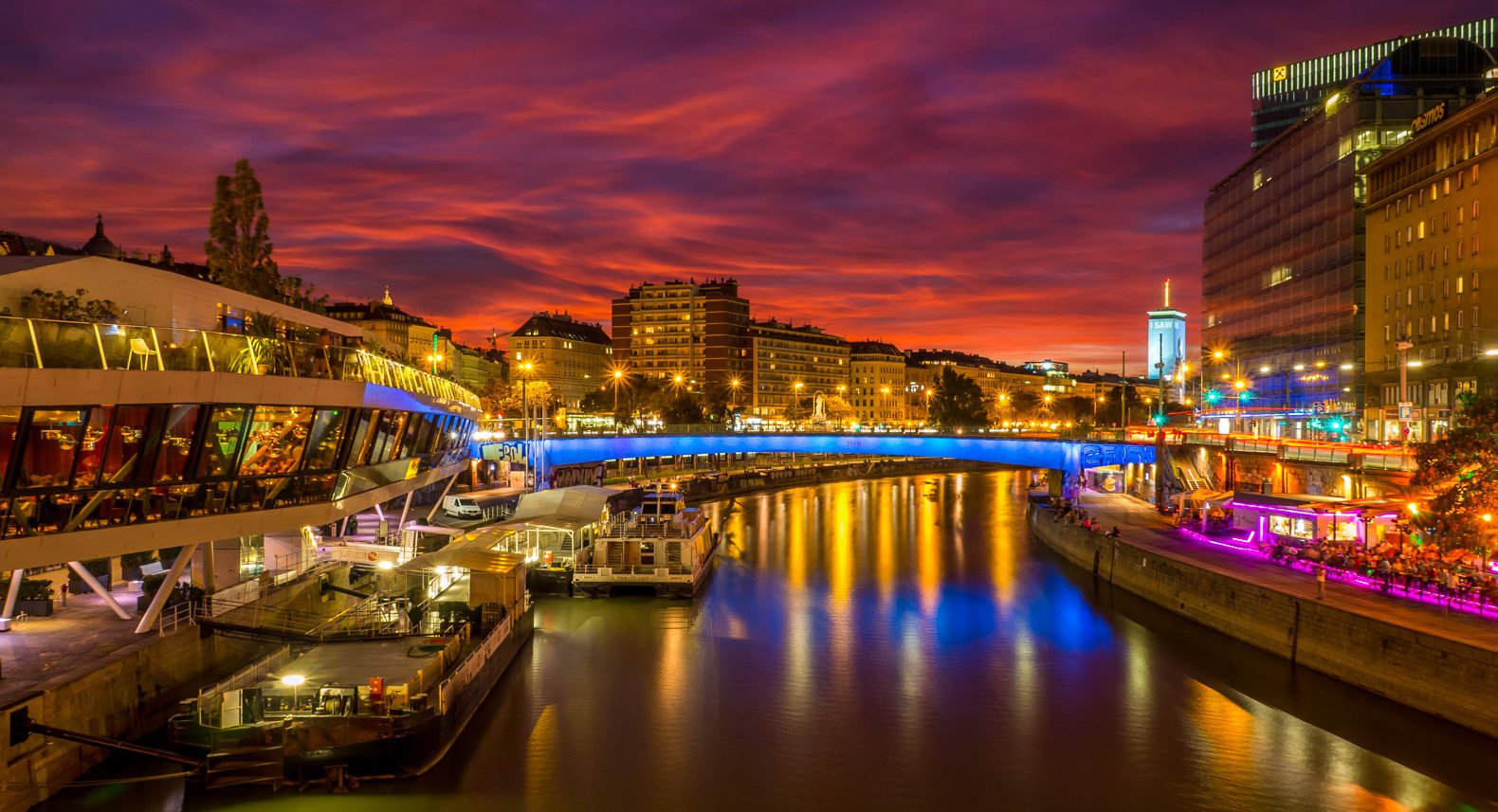 Evening view of the Danube Canal in Vienna