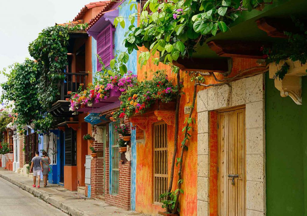 Beautiful colored houses in the streets of Cartagena on the coast of Colombia