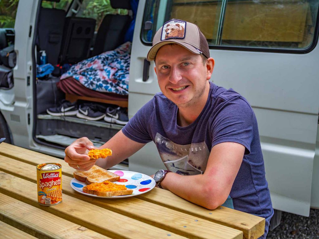 Eating spaghetti on toast in New Zealand