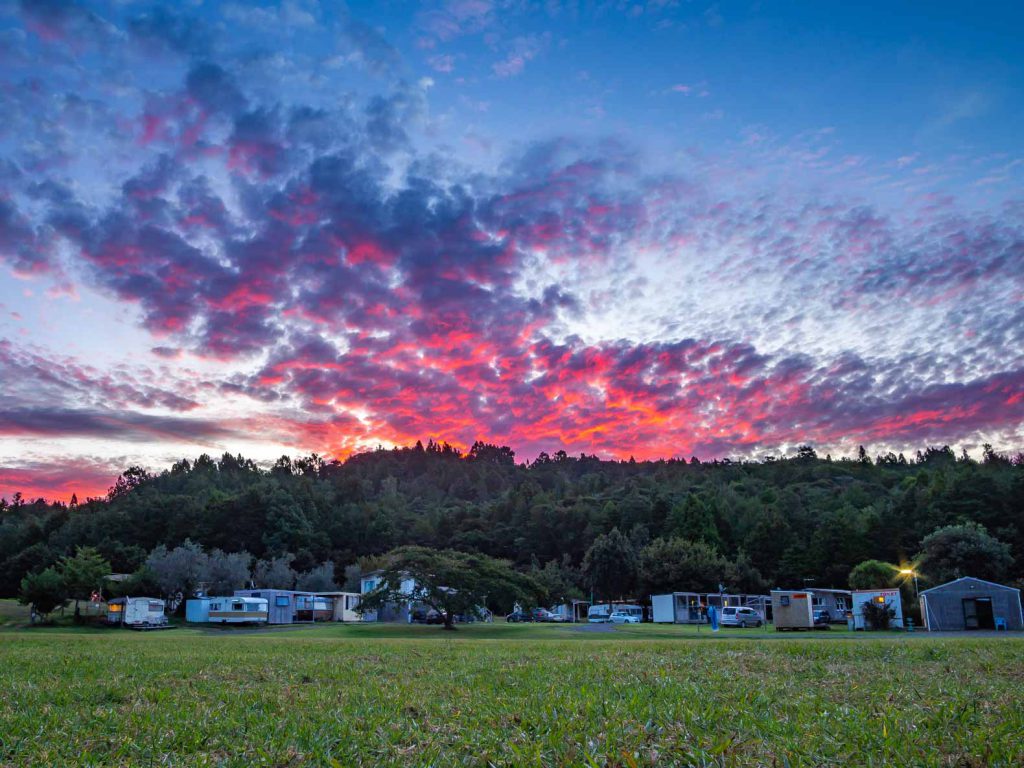 New Zealand image: evening glow above camping in Coromandel