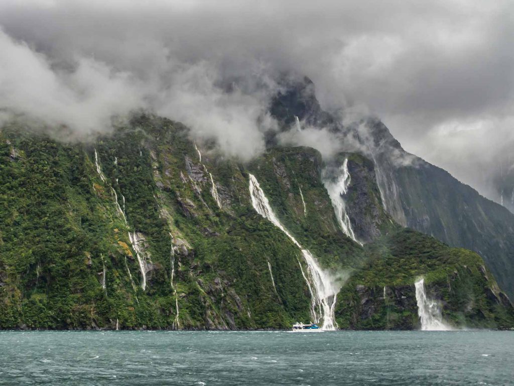 An awesome New Zealand image: the Milford Sound during heavy rainfall.