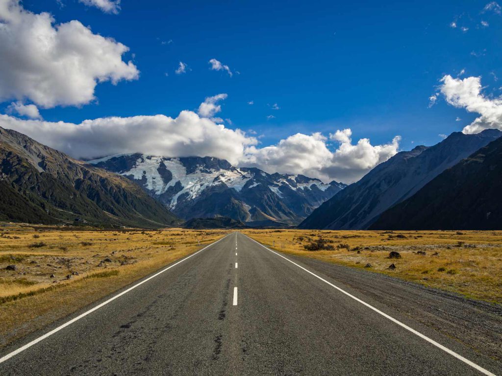 One of the more famous images of New Zealand: the road to Mount Cook.