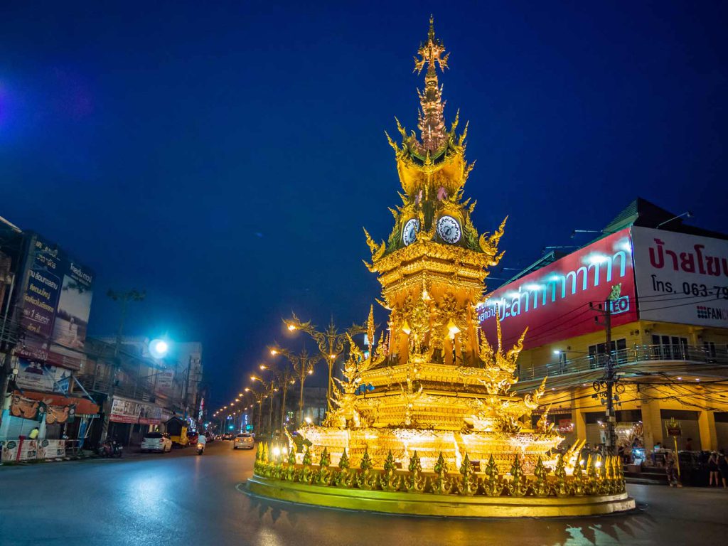 Light show at the clock tower of Chiang Rai