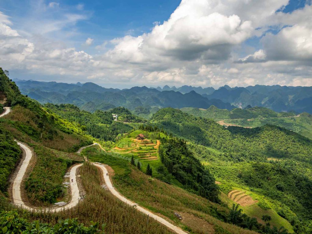 Rice paddies and woods in the mountains of the Ha Giang Loop