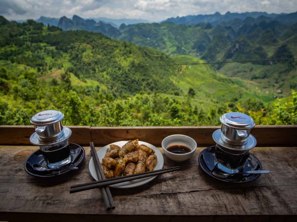 Vietnamese coffee and spring rolls with an awesome view in Northern Vietnam