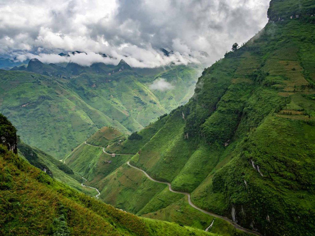 Winding roads through the mountains in the Ha Giang province