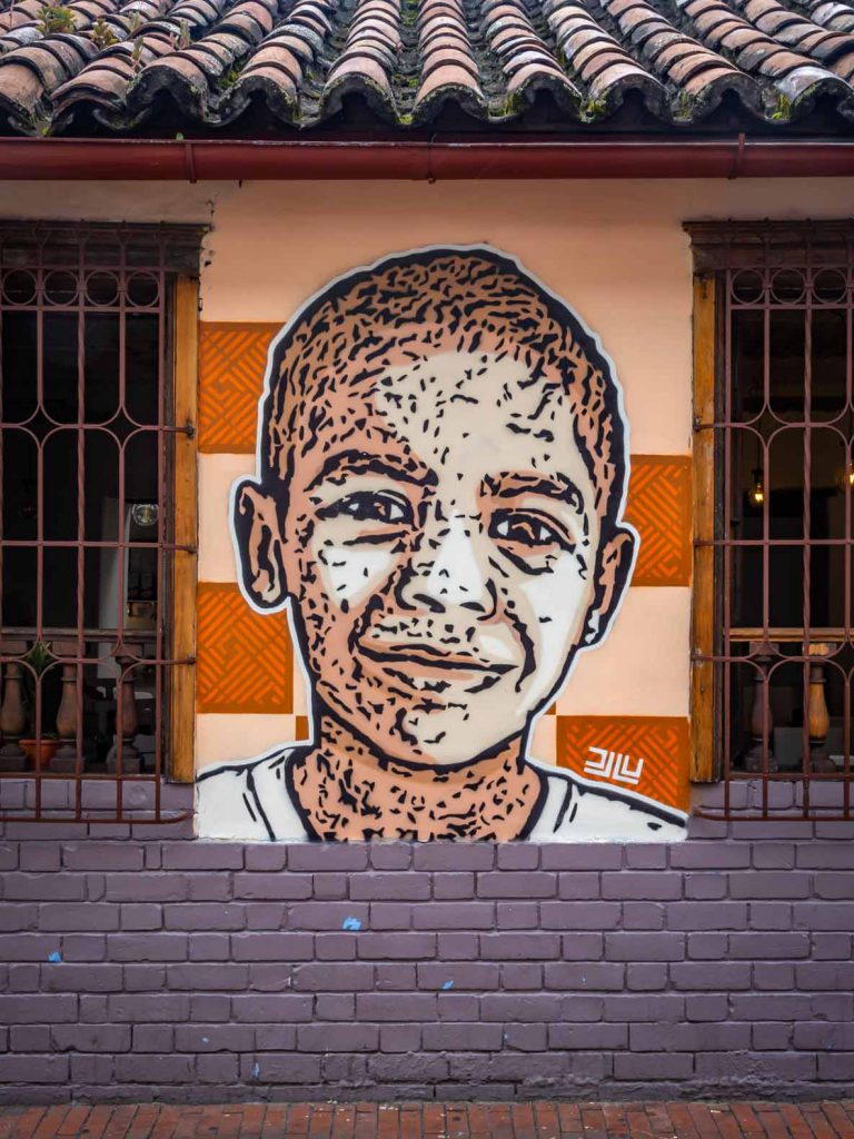 Street art in Bogota (Colombia), stencil image of a boy