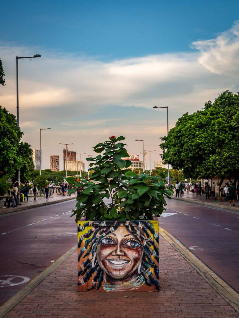 Even the planters are filled with urban art in Cartagena. Graffiti in Colombia